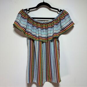 Monteau Los Angeles | Boho Rainbow Striped Off-Shoulder Ruffle Top Size M